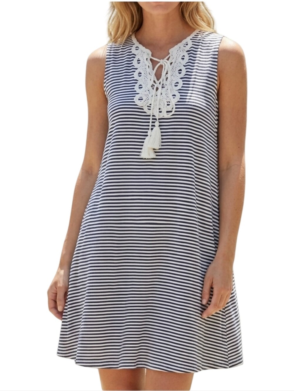 MAX STUDIO Boho Striped Shift Dress White Navy Lace Tassel XS